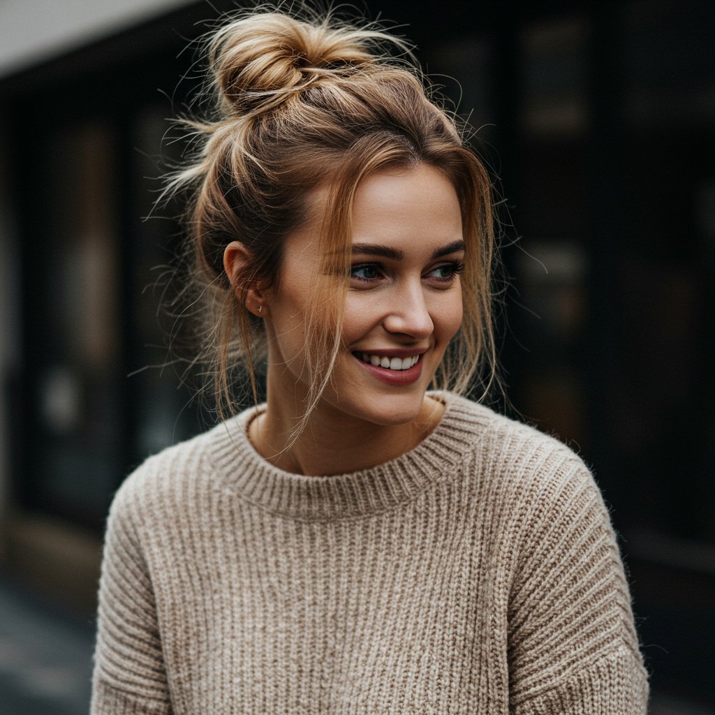 Woman-With-Chic-Messy-Bun-And-Casual-Sweater
