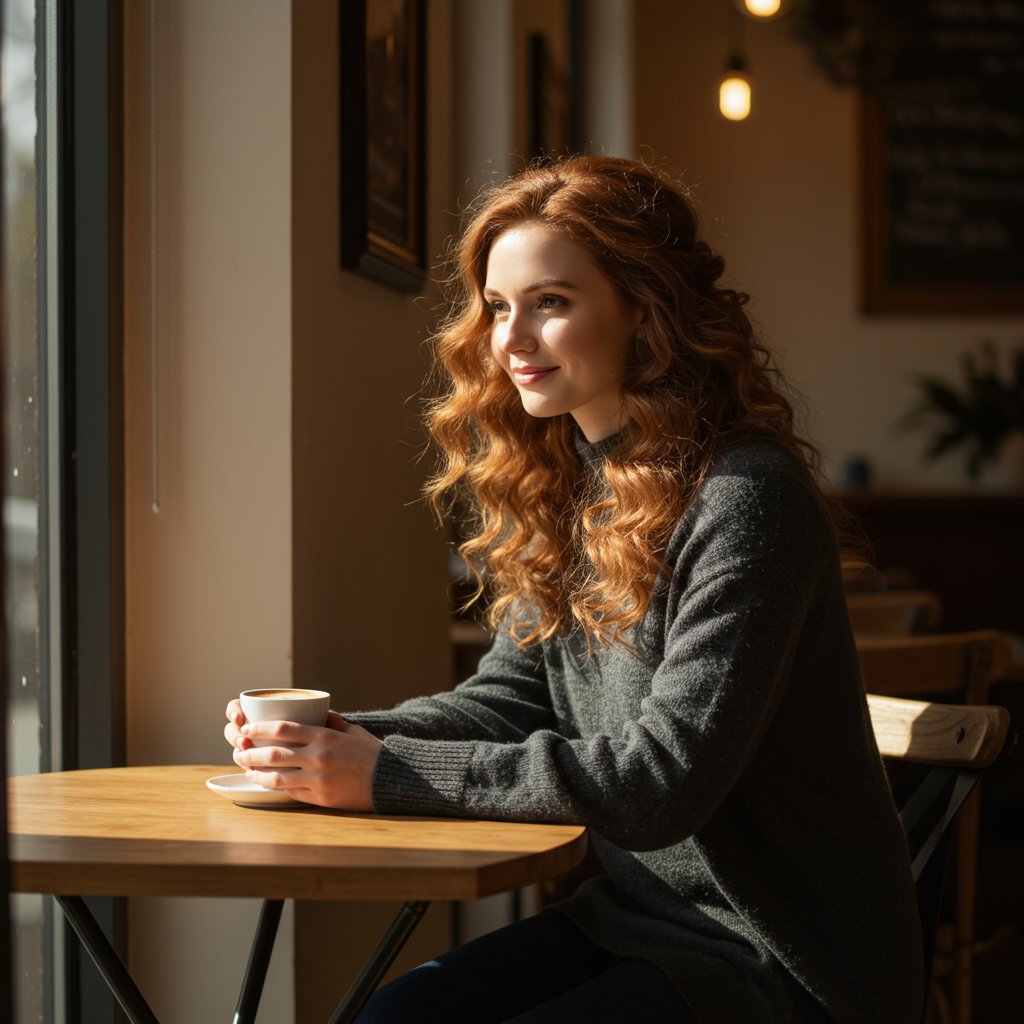 Woman-With-Romantic-Half-Up-Hairstyle-In-A-Cafe