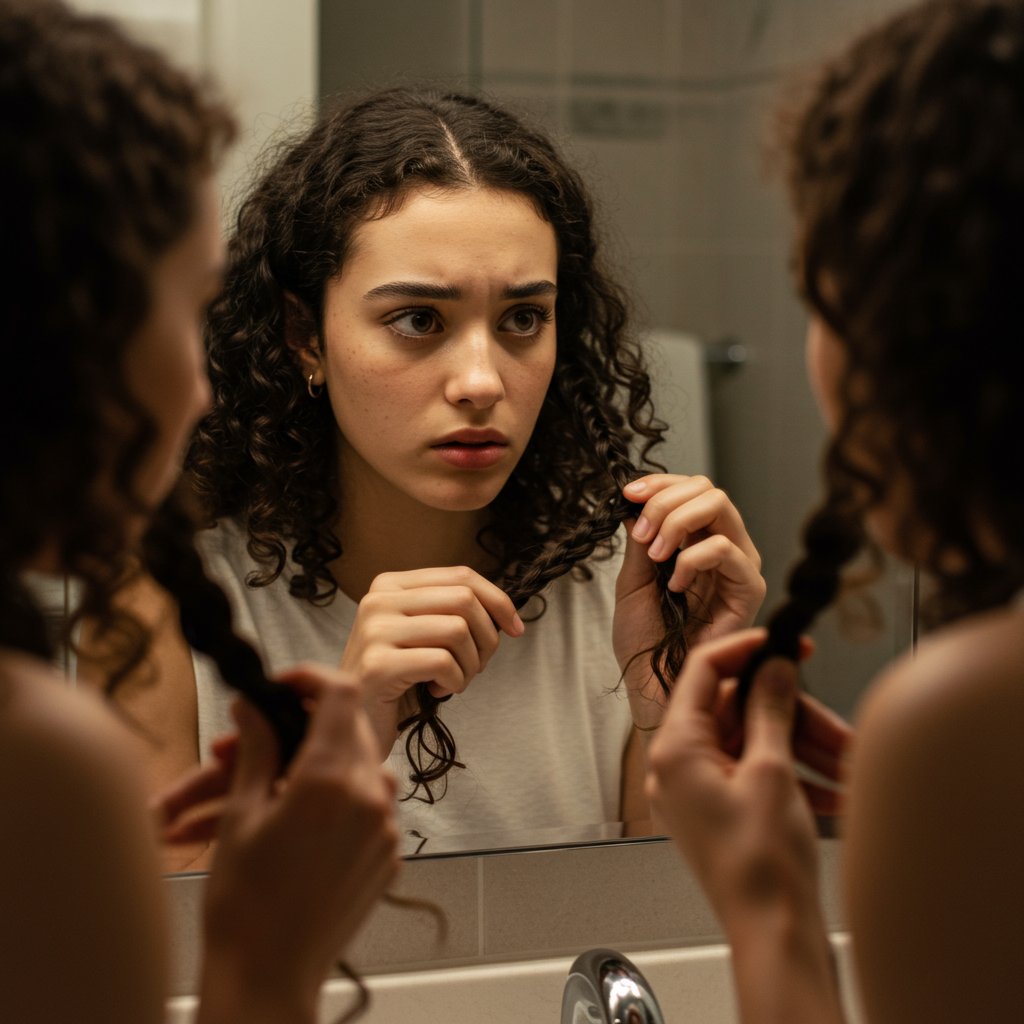 Woman Practicing Braiding Mirror