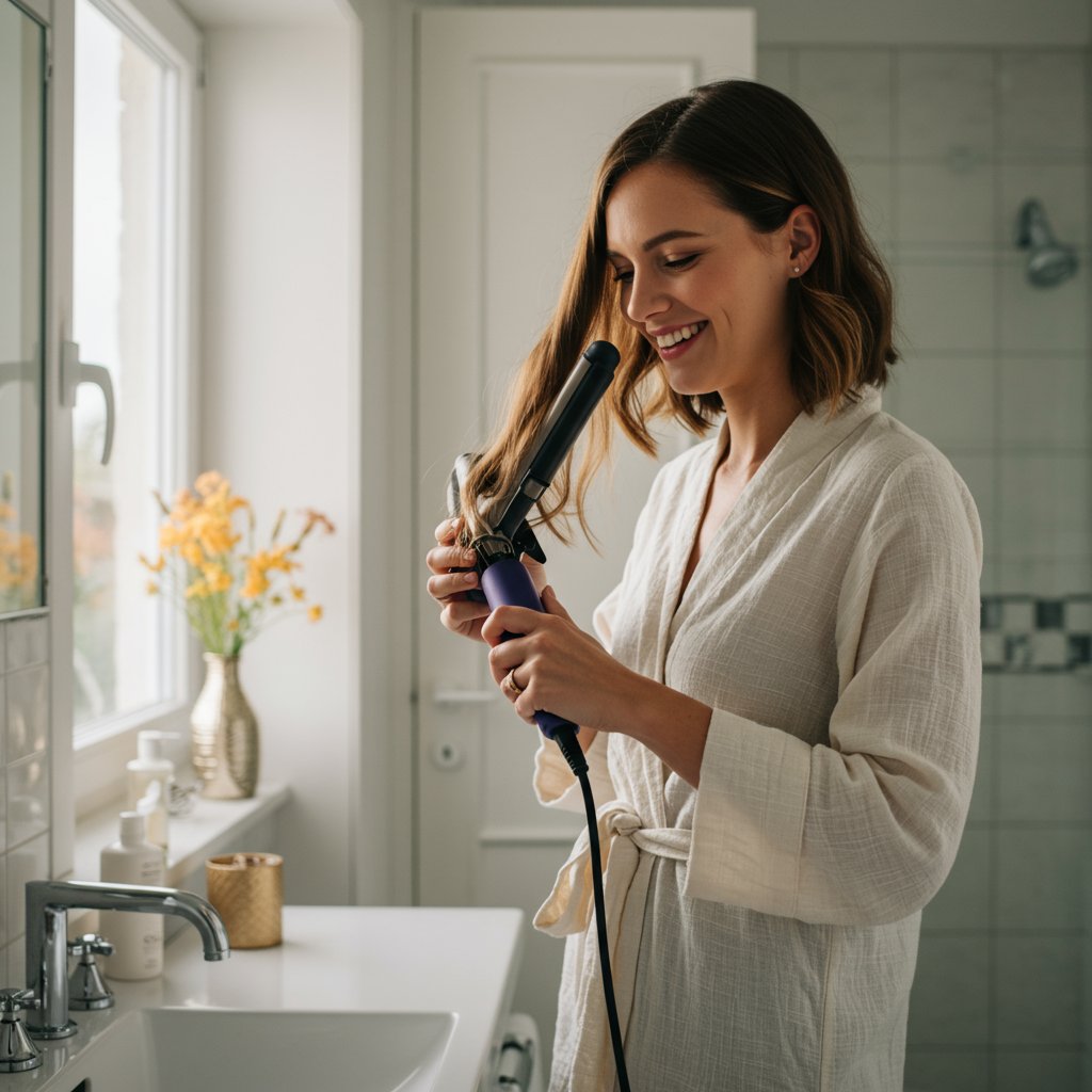 Woman-Happily-Styling-Hair-In-Bathroom