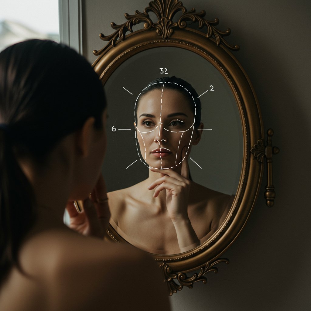 Woman Analyzing Face Shape In Mirror