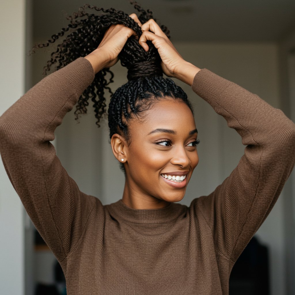 Woman-Comfortably-Styling-Fresh-Knotless-Braids
