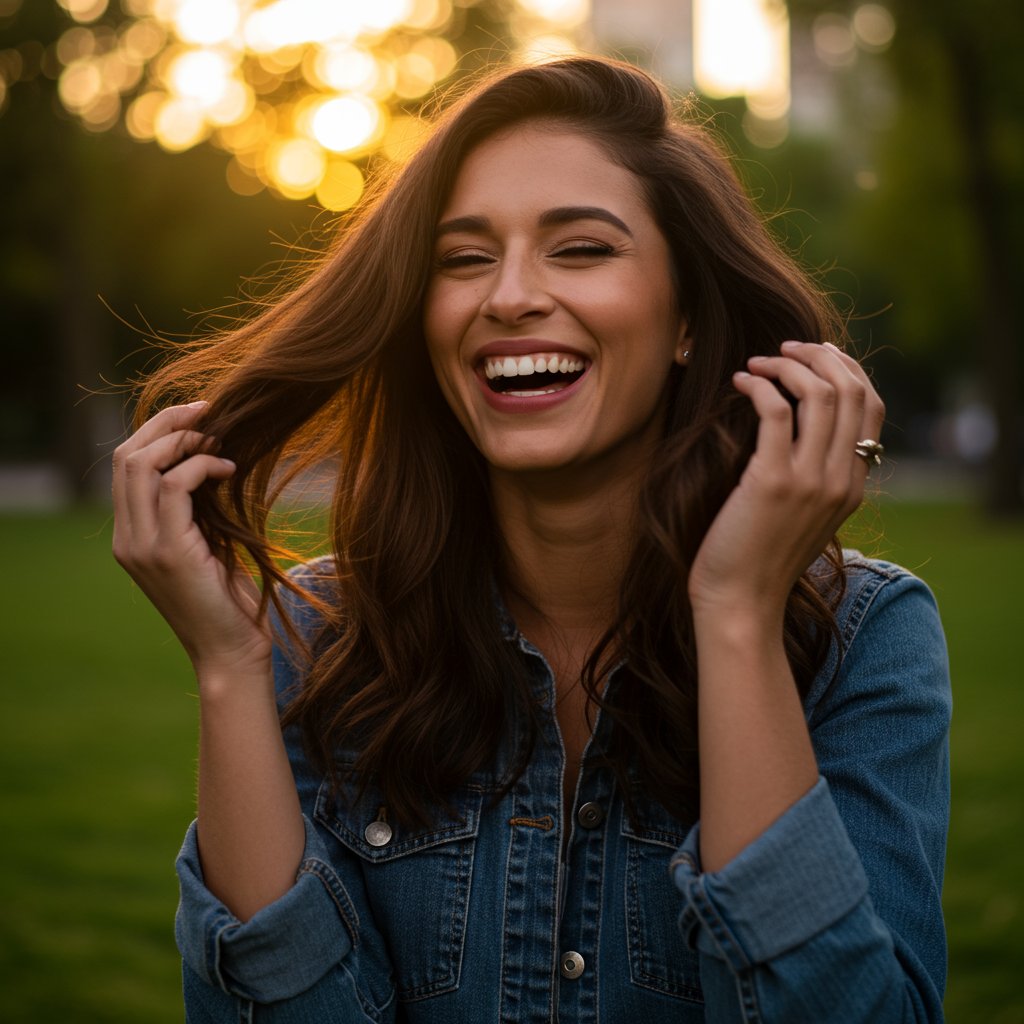 Woman Confidently Showing Off New Brunette Hair