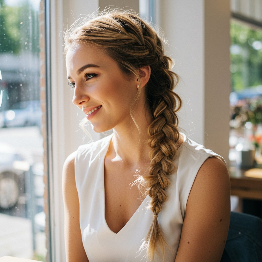 Woman-With-Messy-Fishtail-Braid-In-Cafe