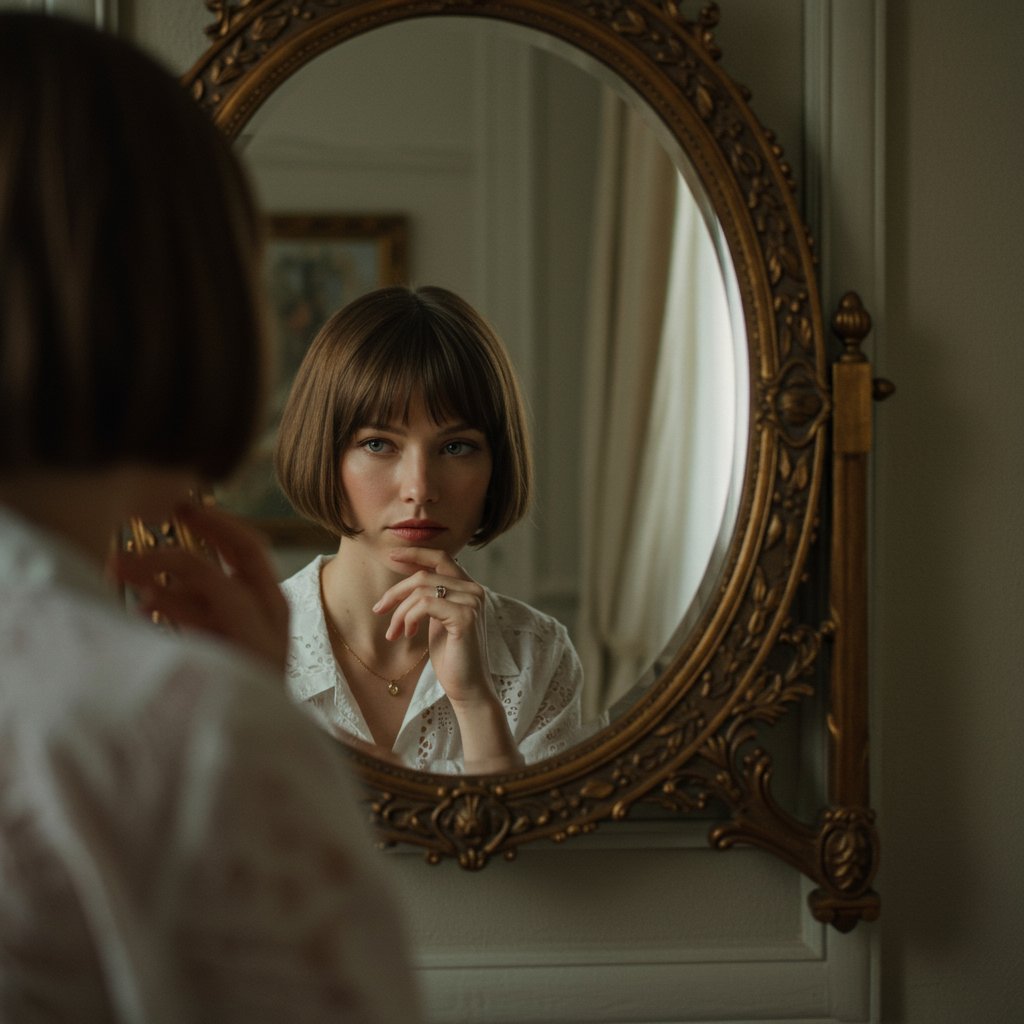 Woman Contemplating Bob Haircut In Mirror