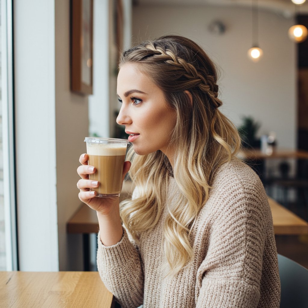 Woman With Half Up Dutch Braid In Cafe
