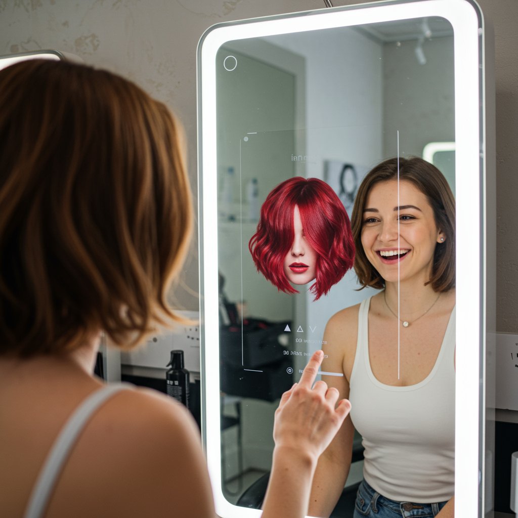Woman Using Augmented Reality Hair Mirror