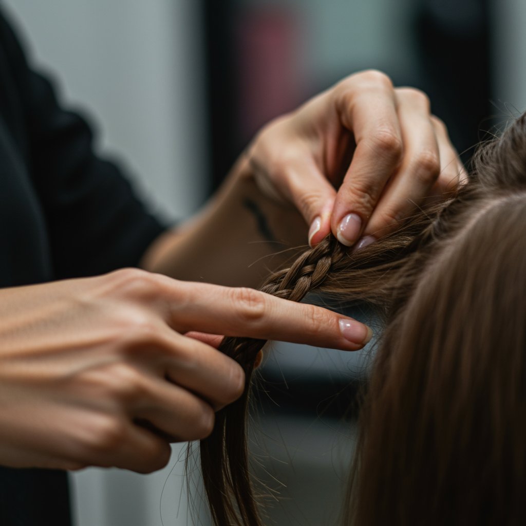Stylist Installing Knotless Braids Feed In Method