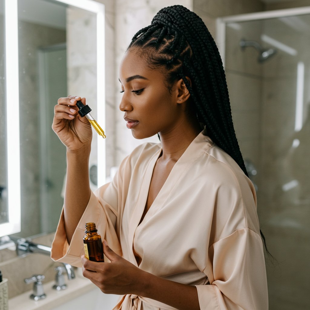 Woman Applying Oil To Scalp With Knotless Braids