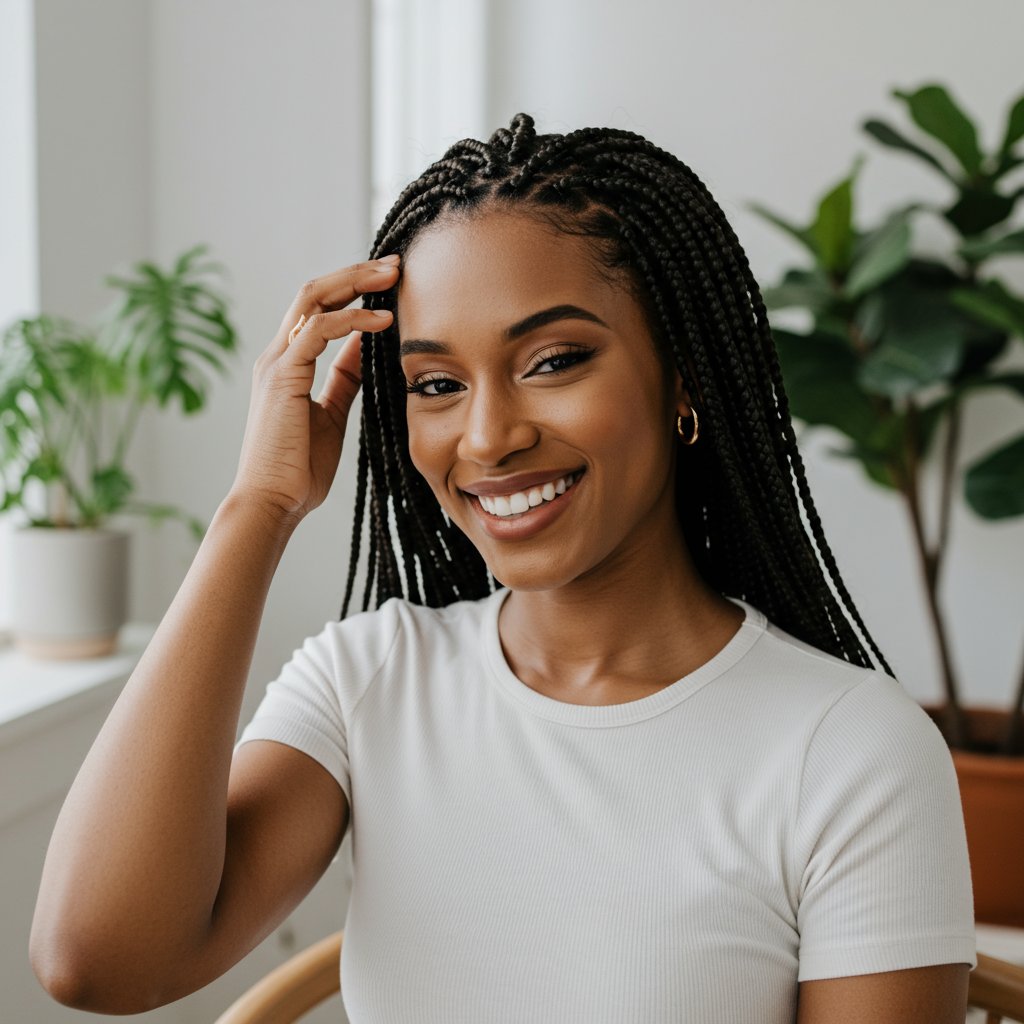 Woman Comfortably Touching Her Scalp With Knotless Braids