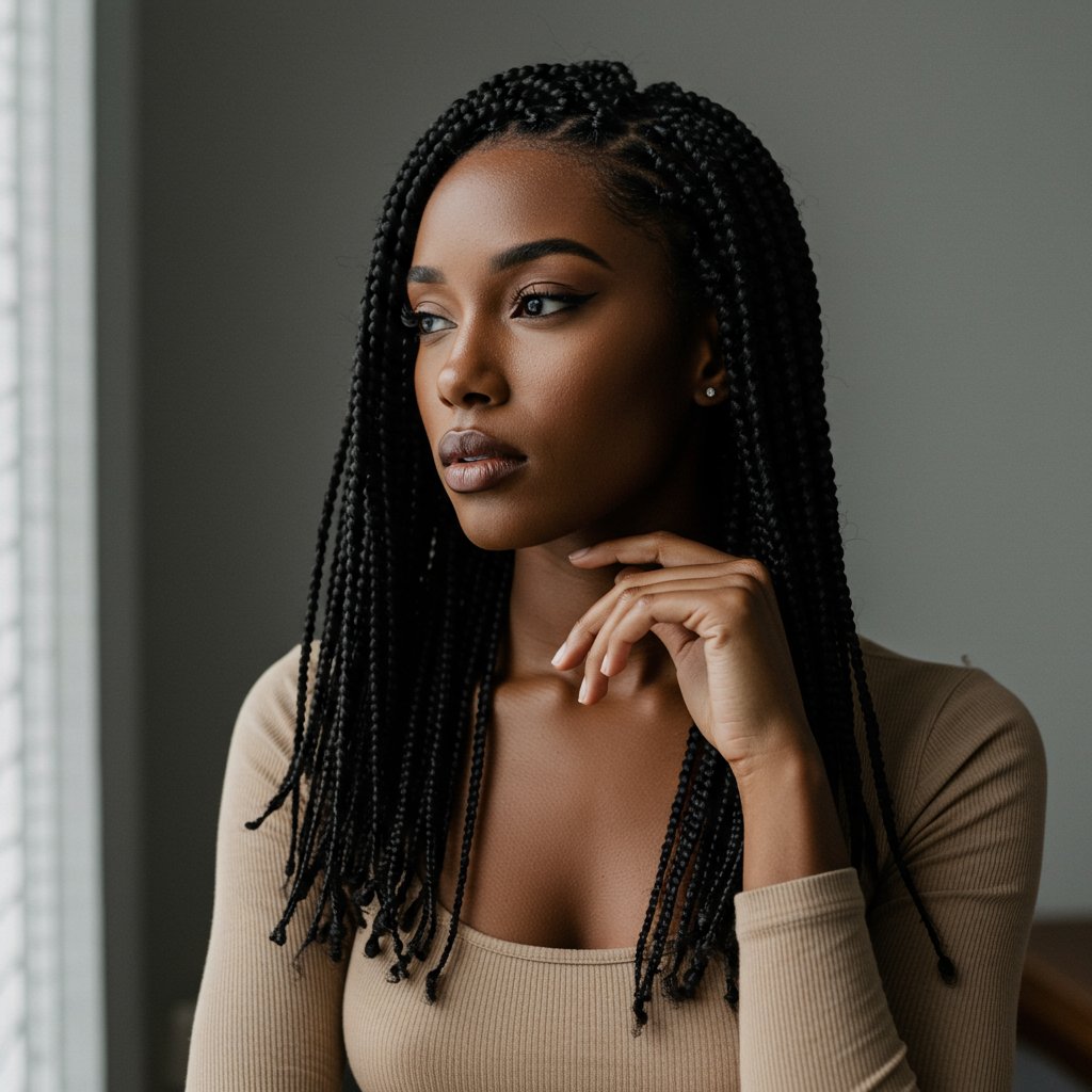 Woman With Perfect Knotless Braids Looking Away