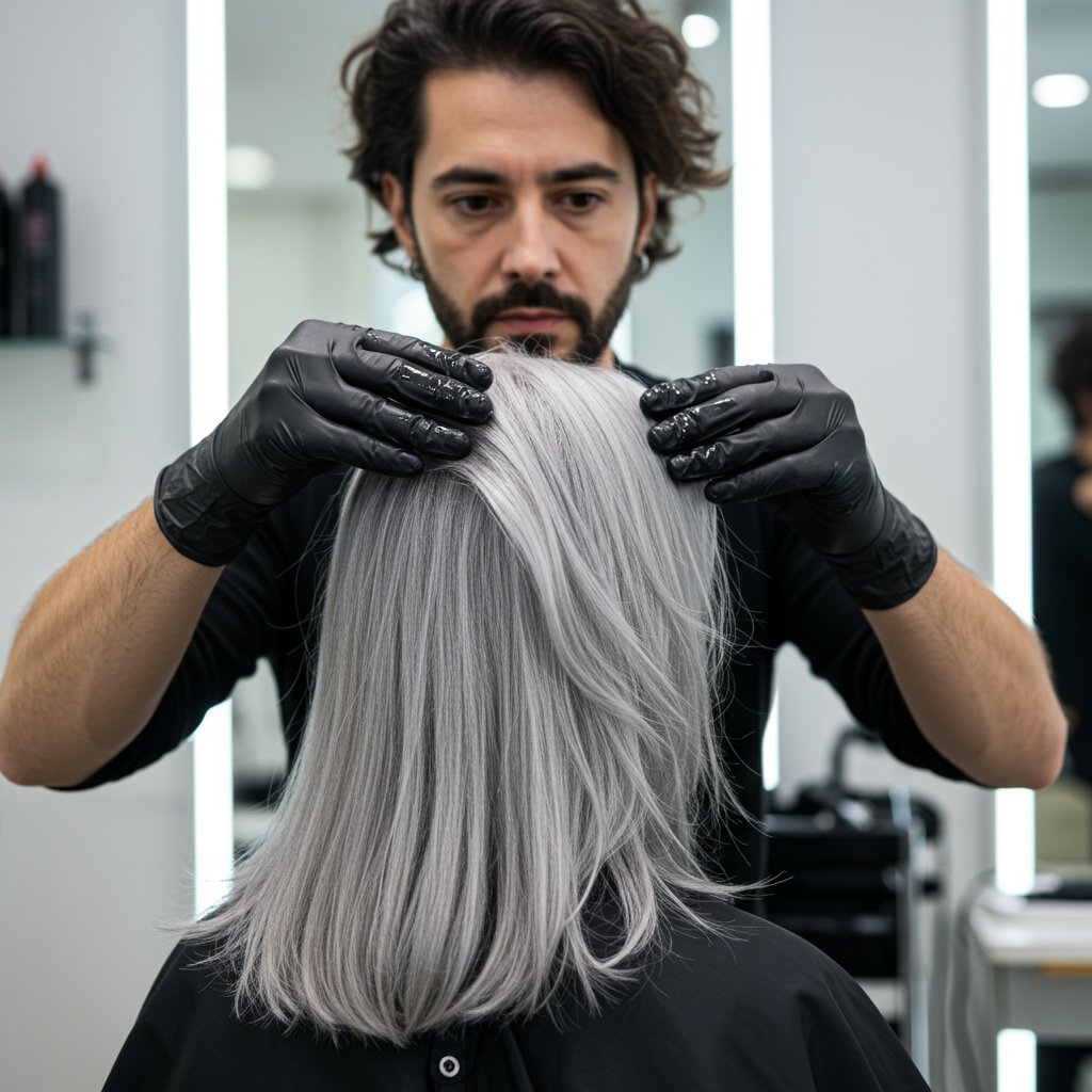 Hairstylist Applying Silver Gloss To Client