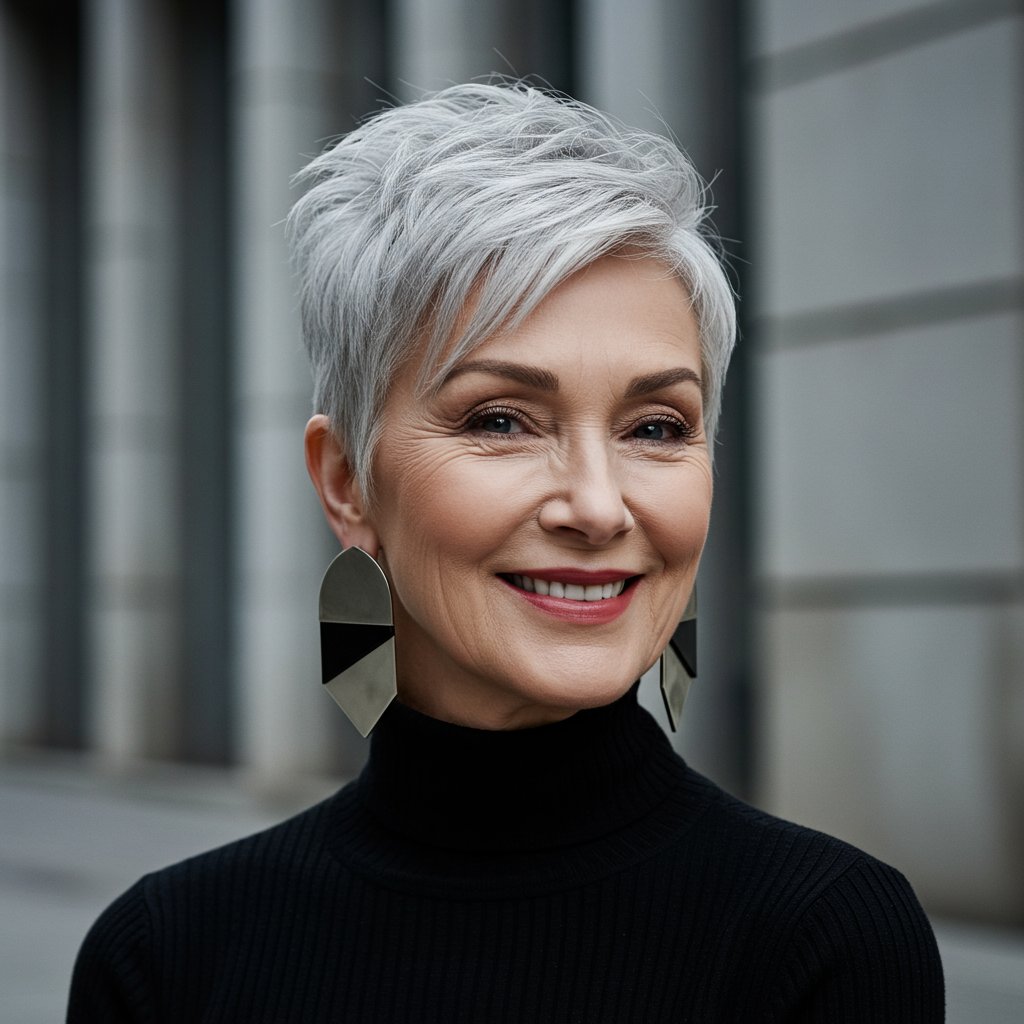 Stylish Woman With Silver Pixie Cut