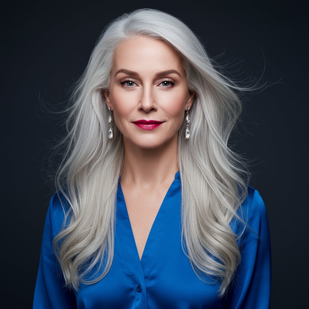 Woman With Gray Hair In Vibrant Blouse