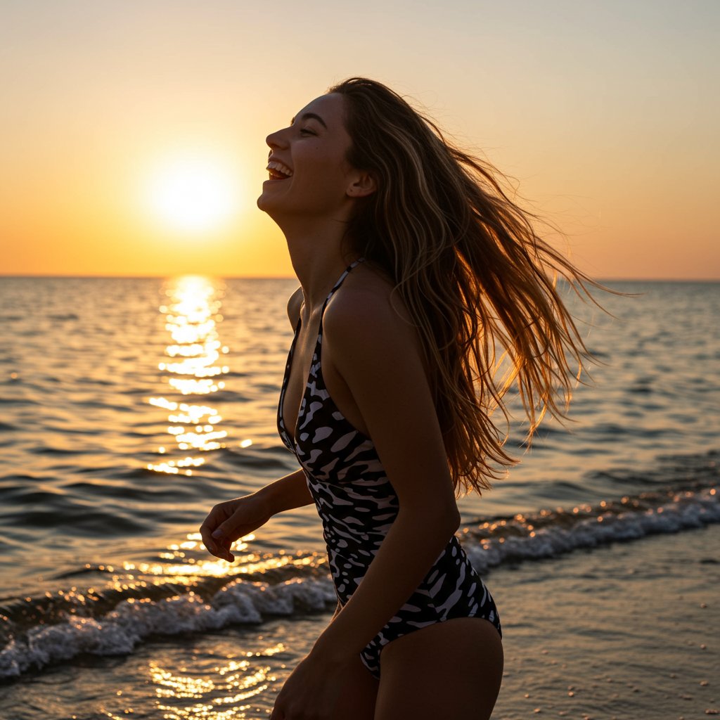 Joyful Woman Healthy Hair On Beach At Sunset