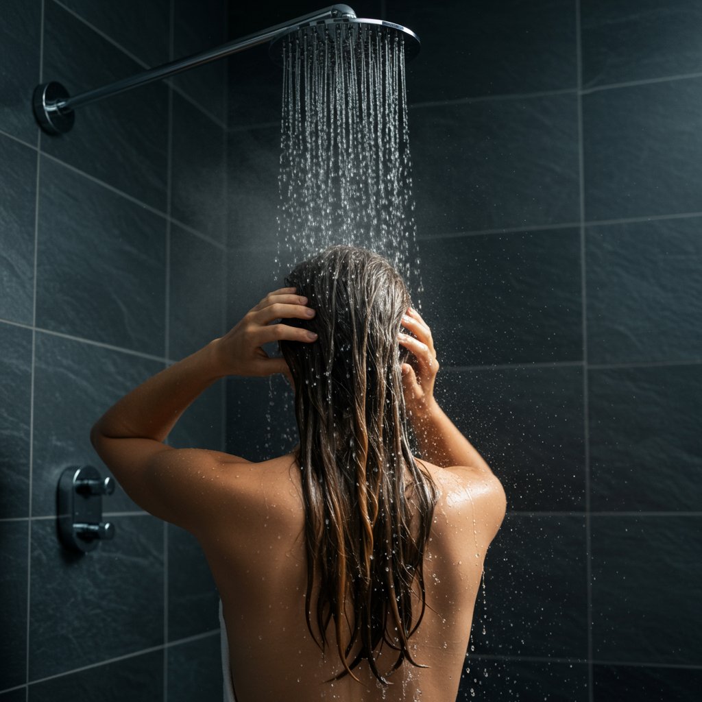 Woman Rinsing Hair In Modern Shower