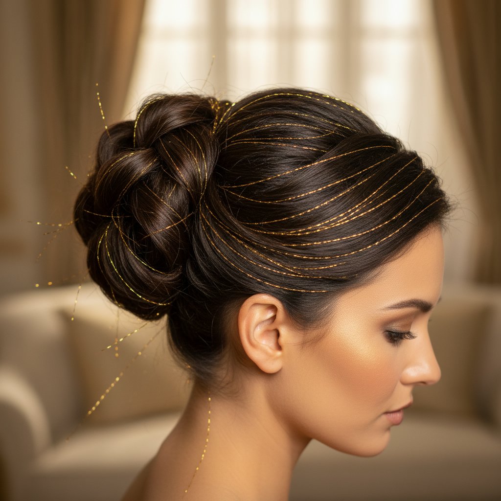 Elegant Updo with Gold Tinsel