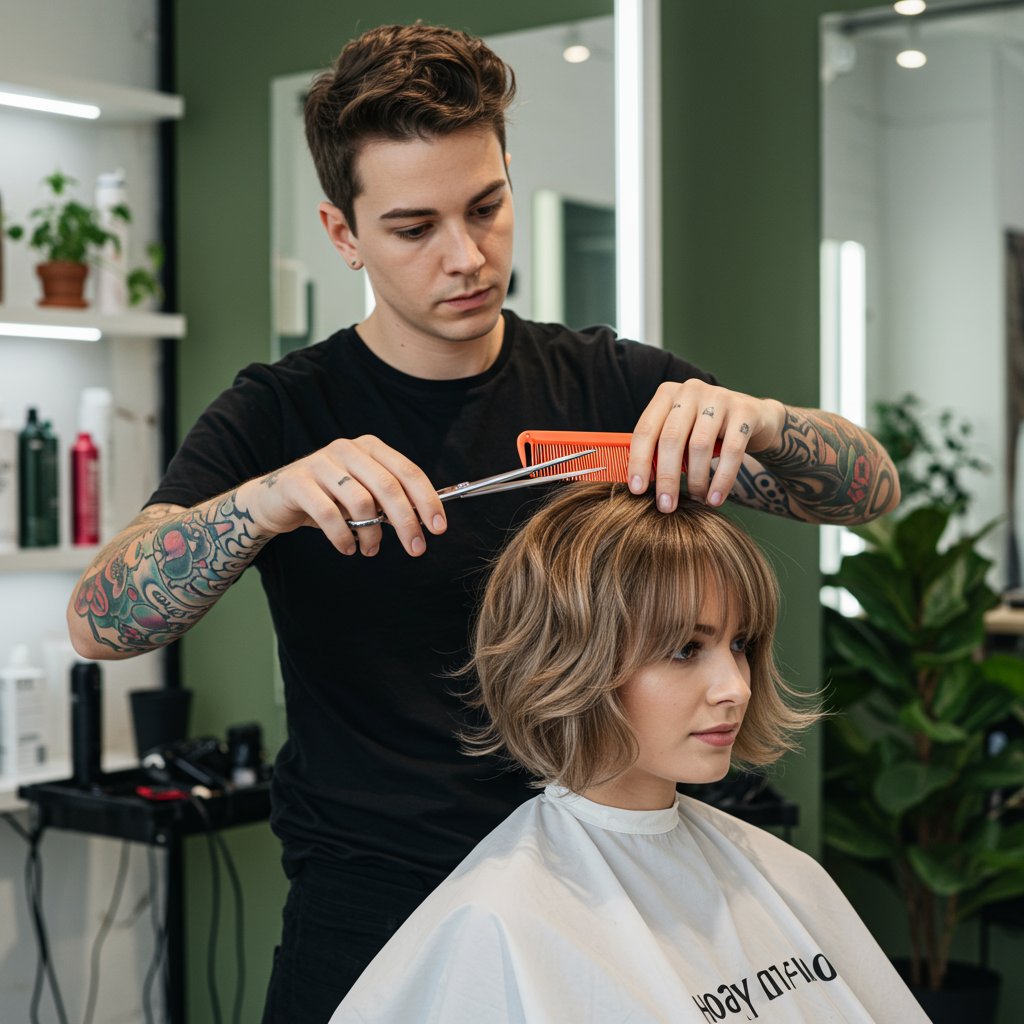 Stylist Creating Modern Shag Hairstyle