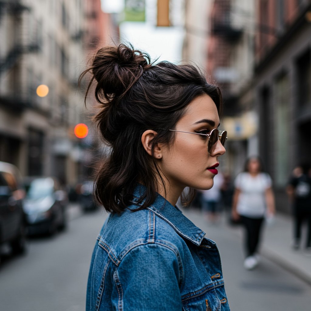 Stylish-Woman-With-Messy-Half-Bun-Top-Knot