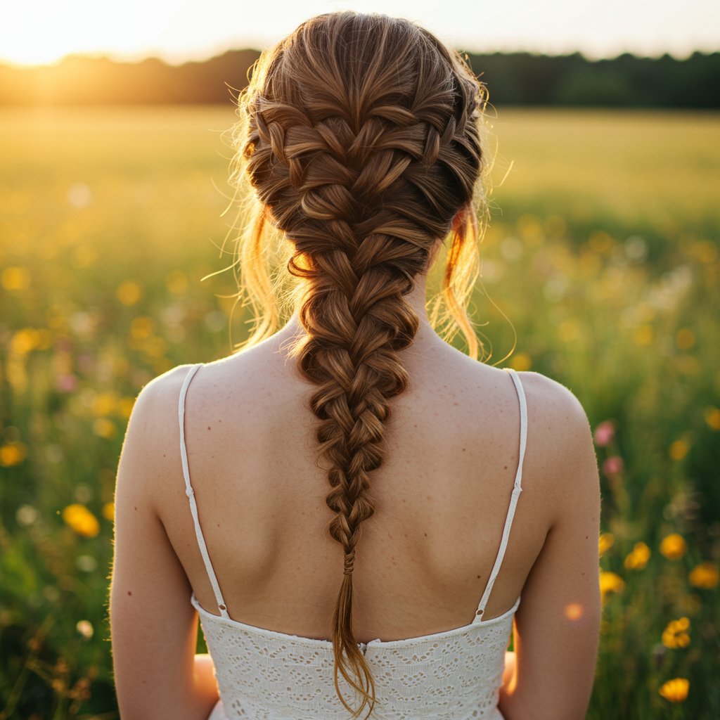 Woman-With-Bohemian-Fishtail-Braid-Half-Updo
