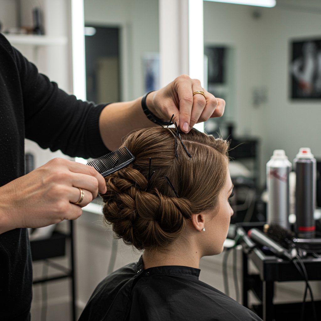 Stylist Creating Half Up Hairstyle In Salon