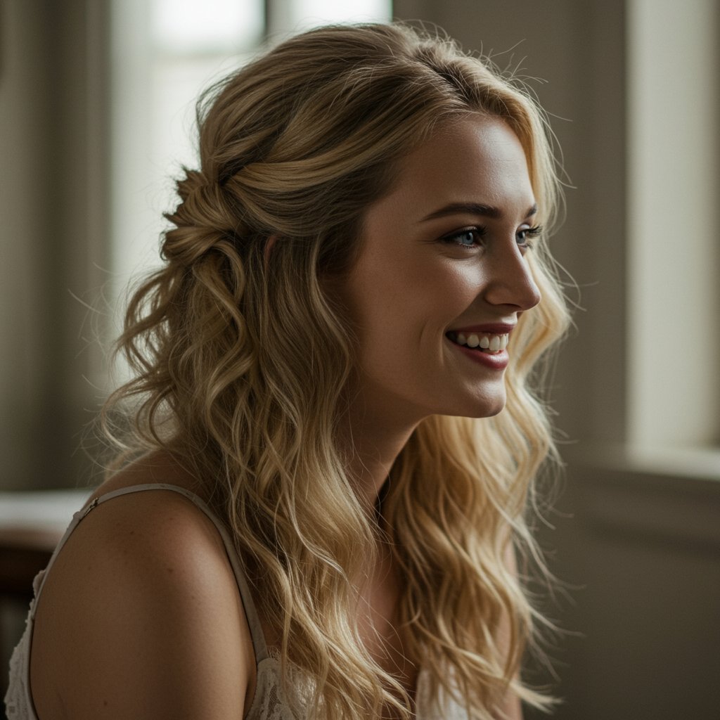 Woman With Effortless Half Up Hairstyle