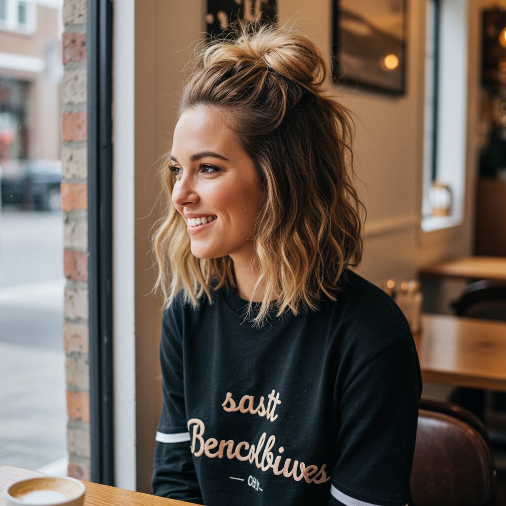 Woman With Lob Messy Half Up