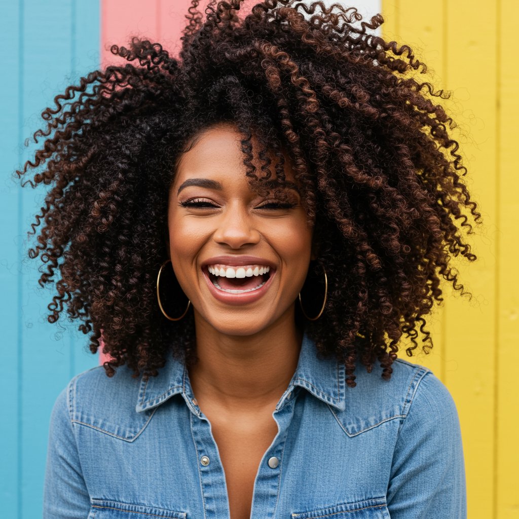 Woman With Natural Curls In Half Up Pineapple