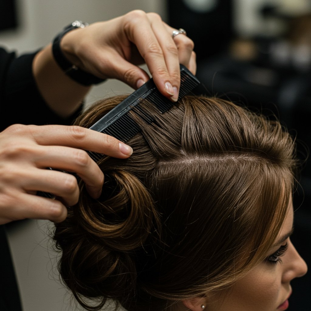 Stylist Teasing Hair For Volume
