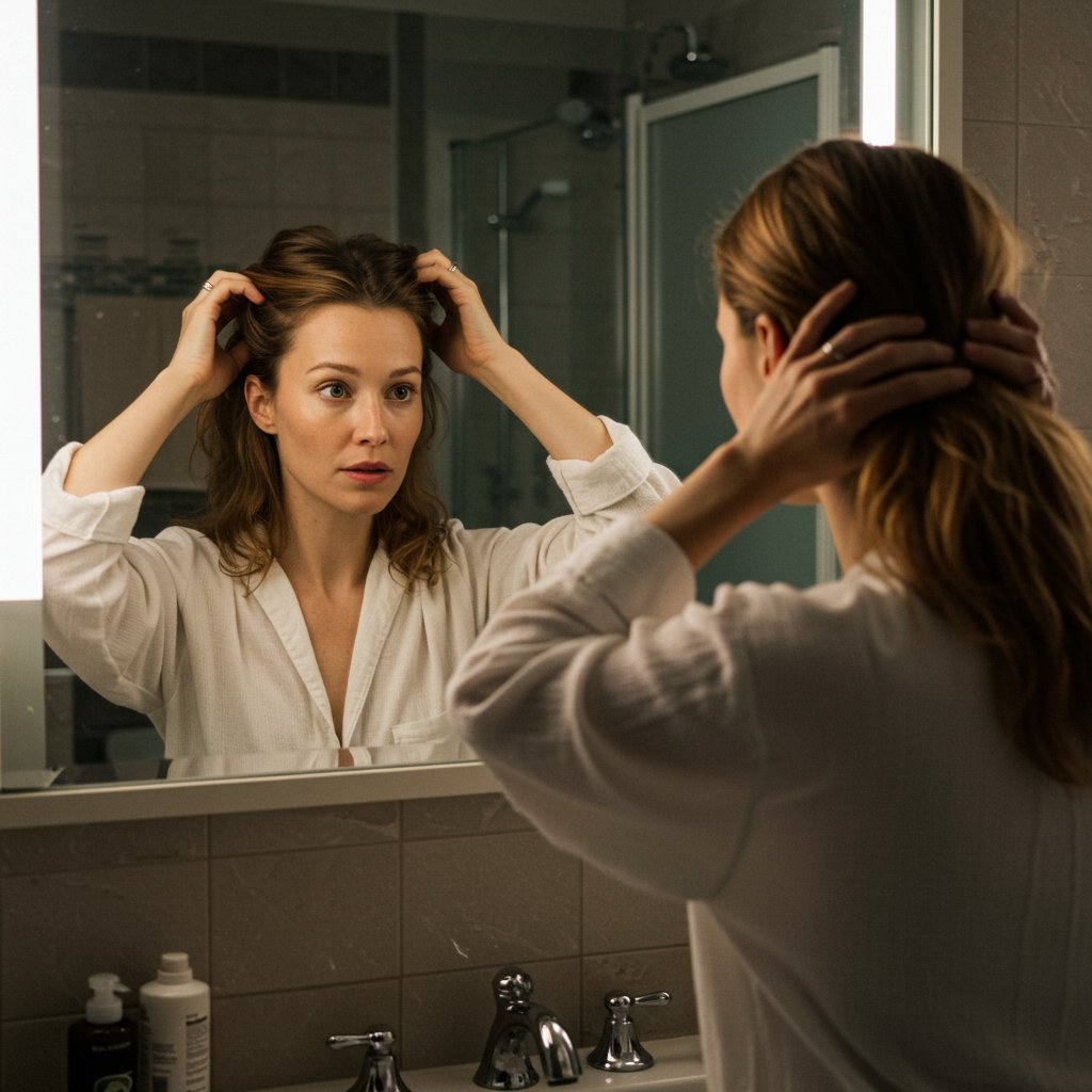 Woman-Examining-Her-Half-Up-Hairstyle-In-Mirror