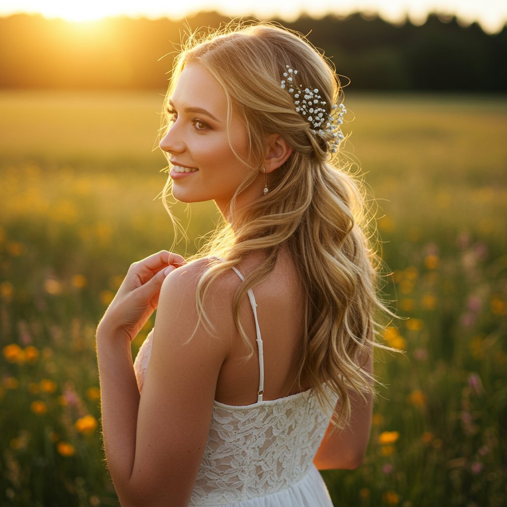 Model With Romantic Wavy Half Updo At Golden Hour
