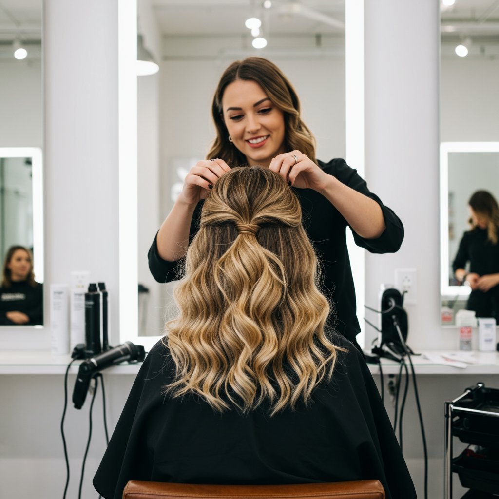 Stylist Finishing A Client Half Updo In A Salon