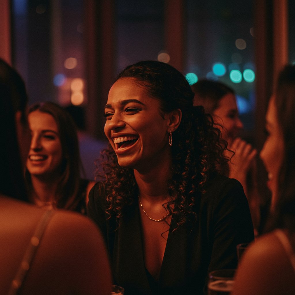 Woman Confidently Enjoying Night Out With Perfect Hair