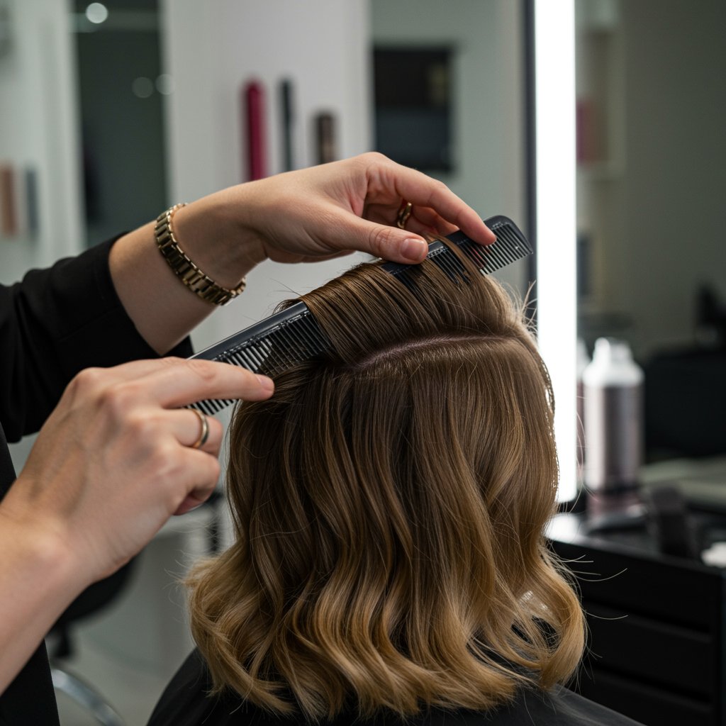 Hairstylist Teasing Clients Hair For Volume