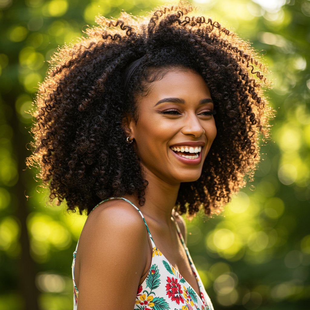Woman With Curly Hair In Half Up Style