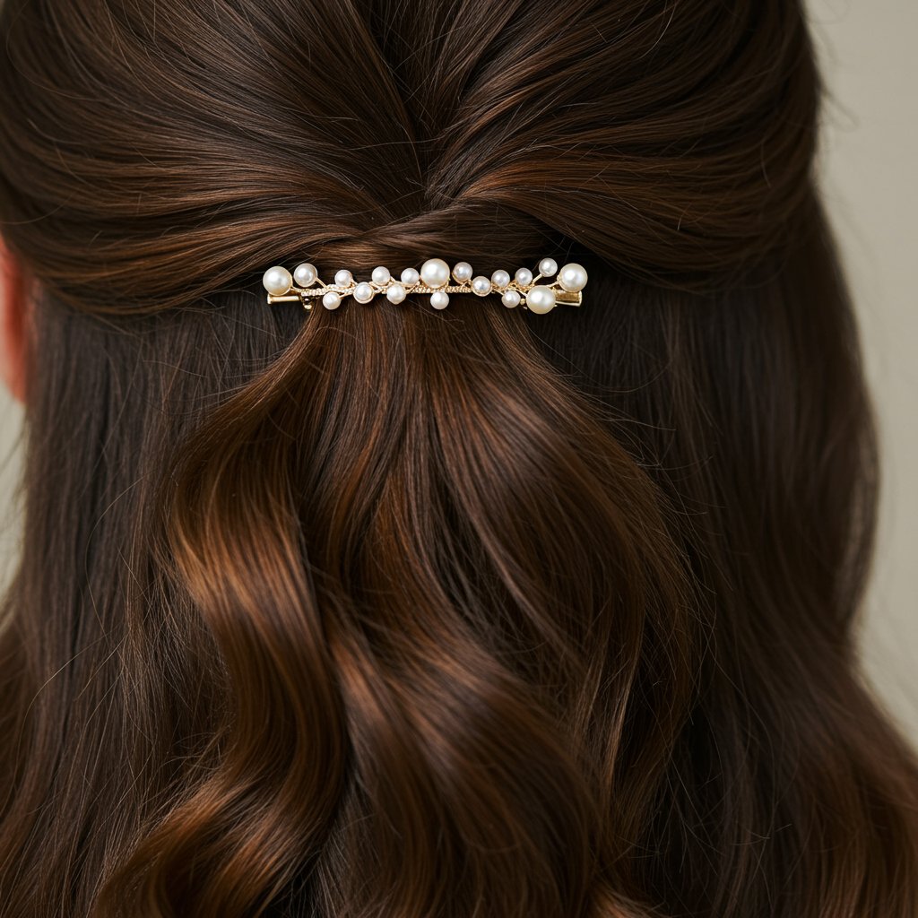 Close Up Of Pearl Clip In Half Up Hair