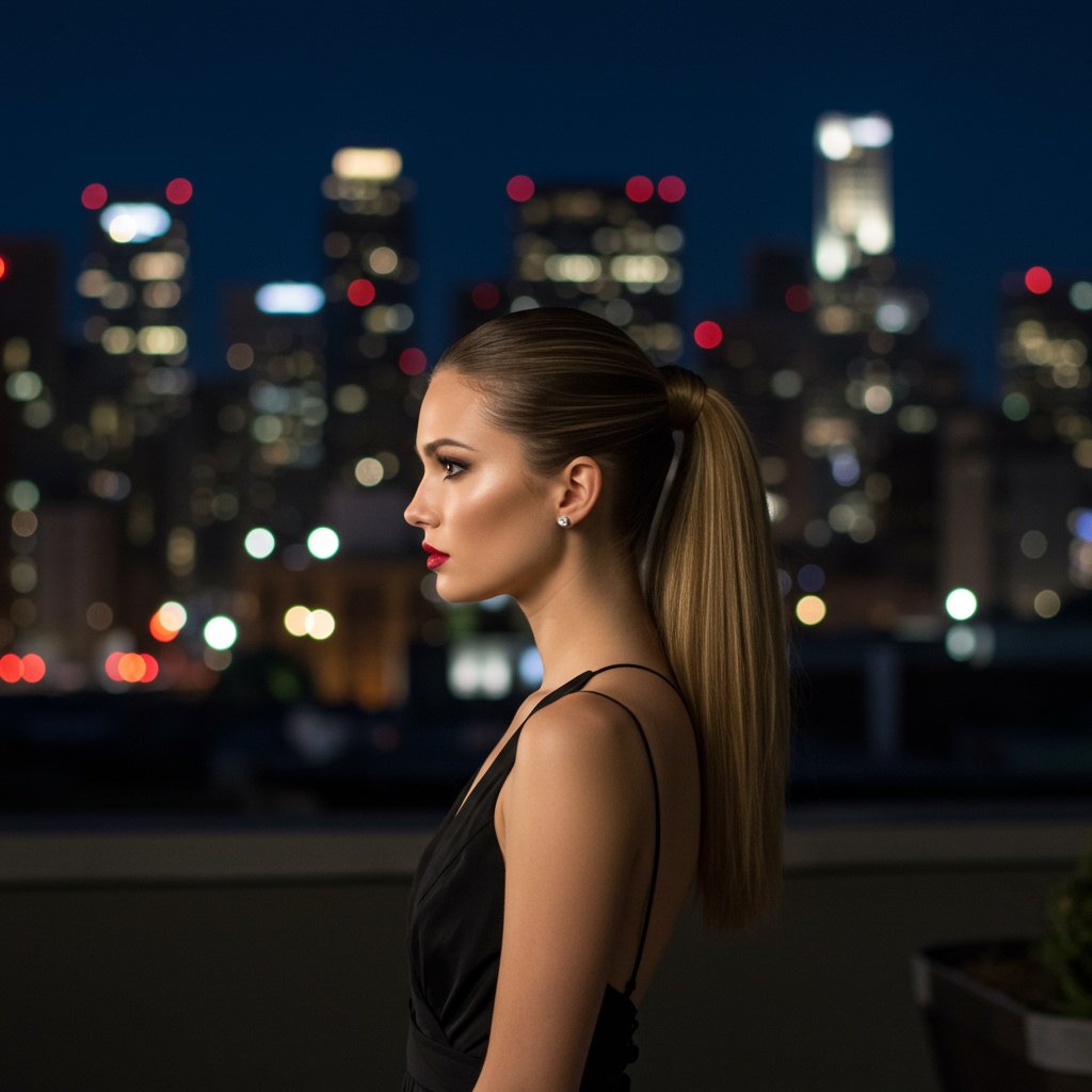 Model With Sleek High Ponytail In City