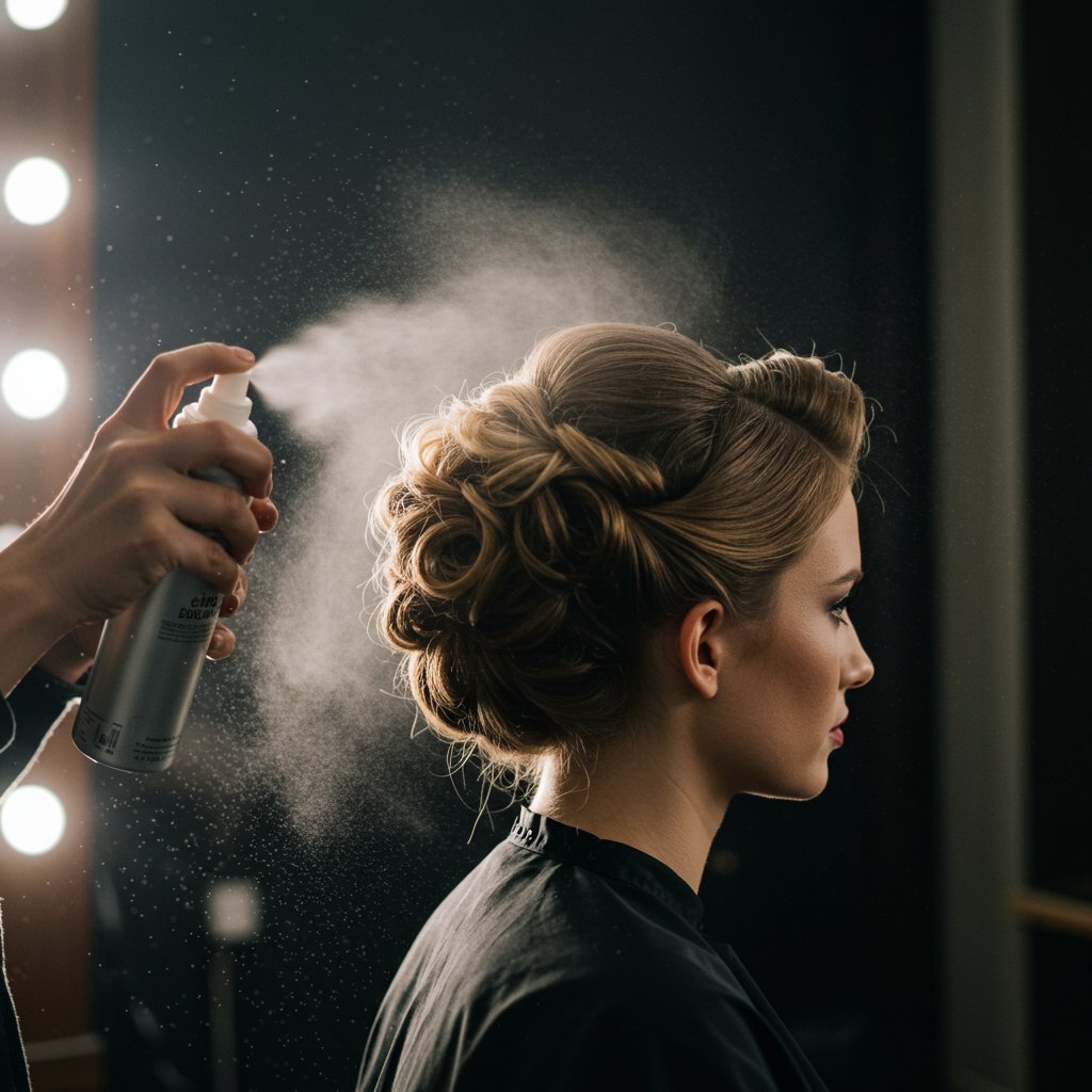 Stylist Using Hairspray On Finished Style