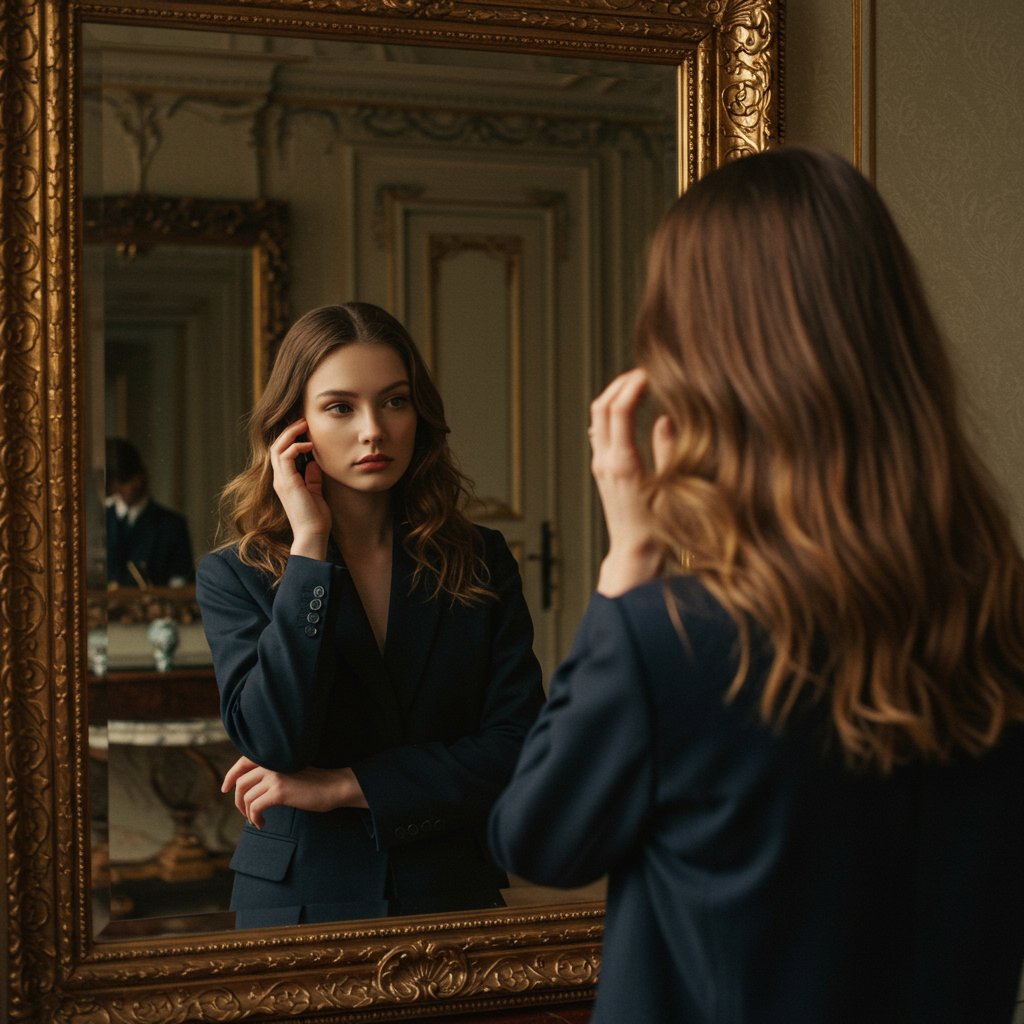 Woman-Contemplating-Haircut-In-Mirror