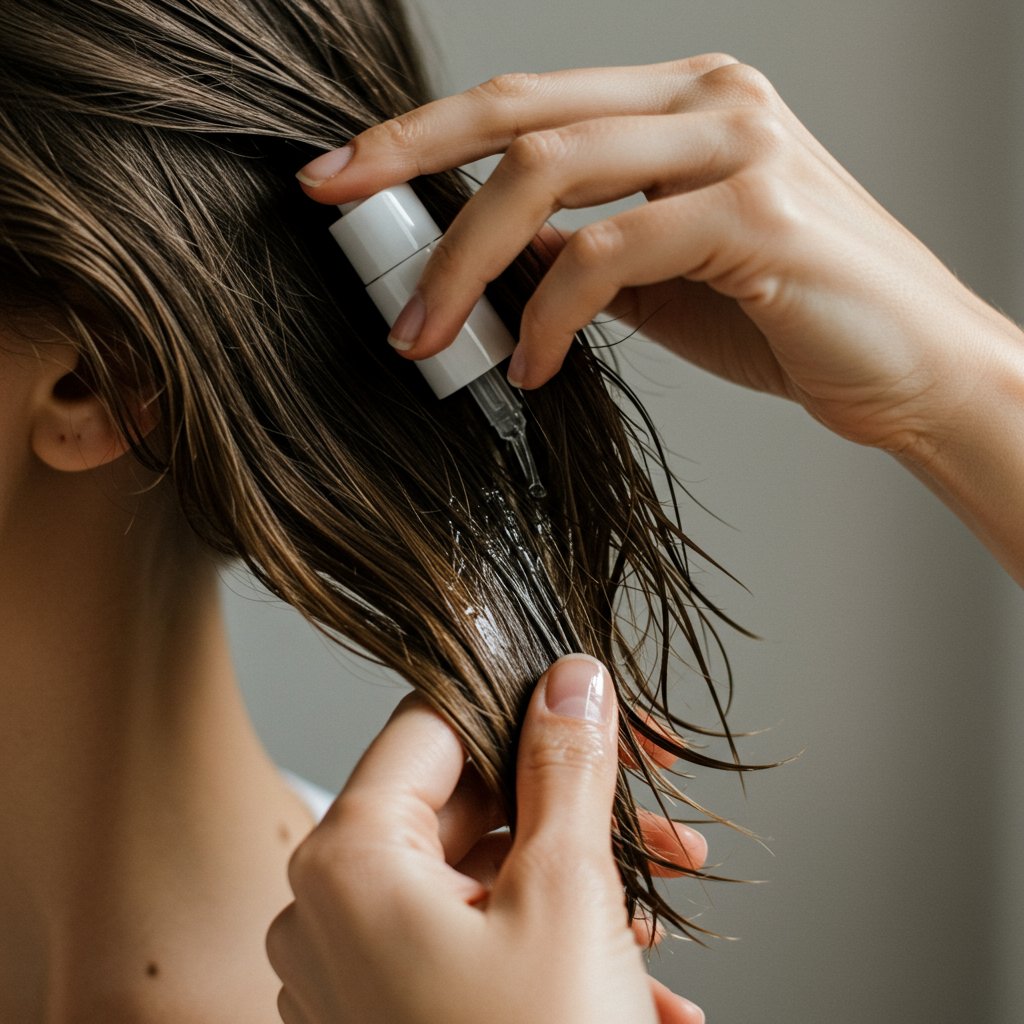 Woman-Applying-Hair-Serum-To-Damp-Hair