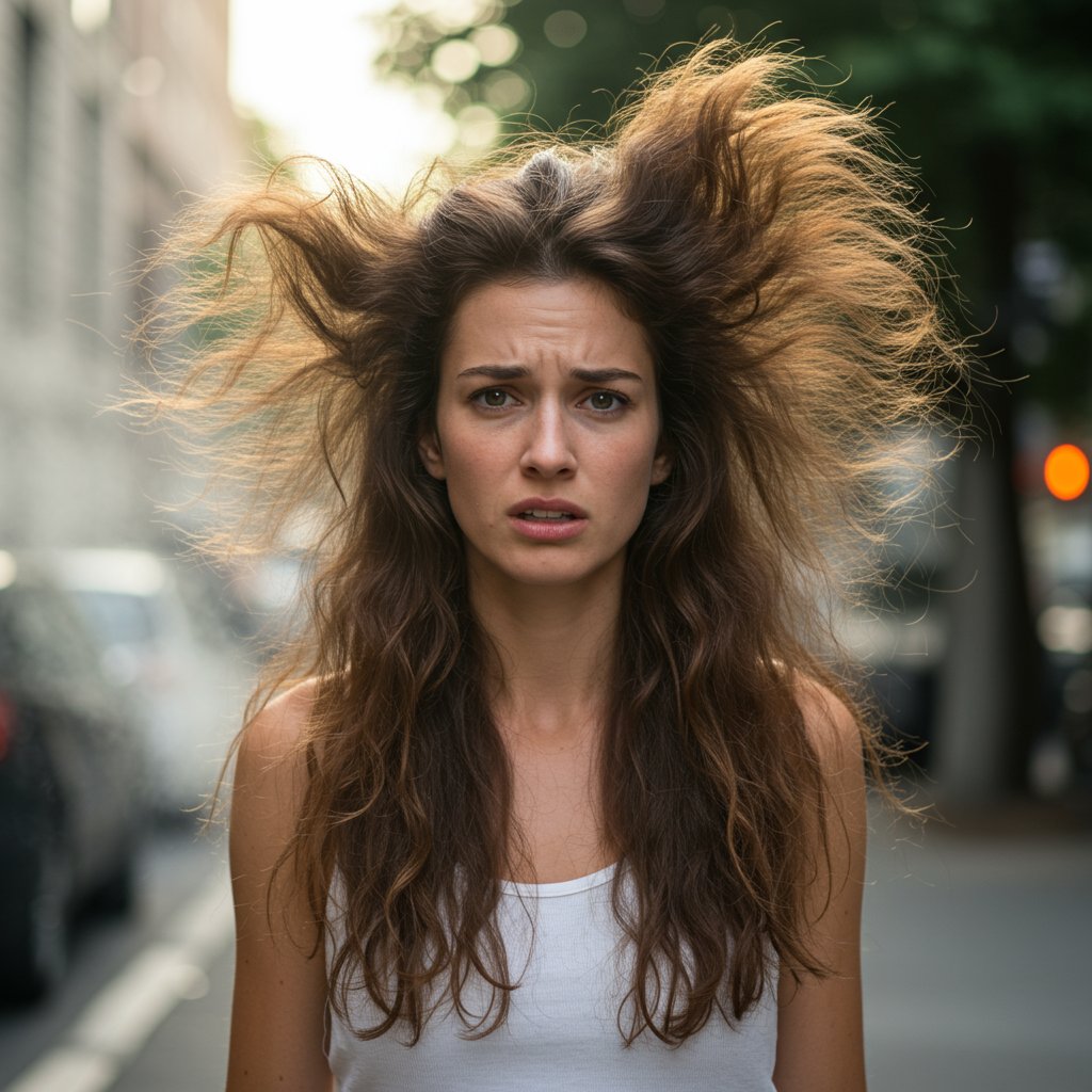 Woman-Frustrated-With-Frizzy-Hair-In-Humid-City