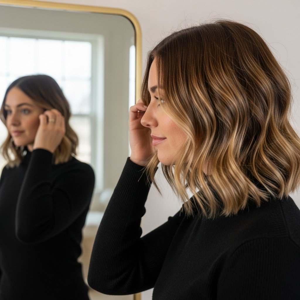 Woman-Touching-Recovering-Hair-In-Mirror