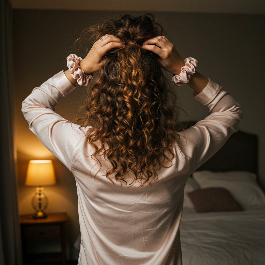 Woman Creating A Pineapple Hairstyle For Sleep