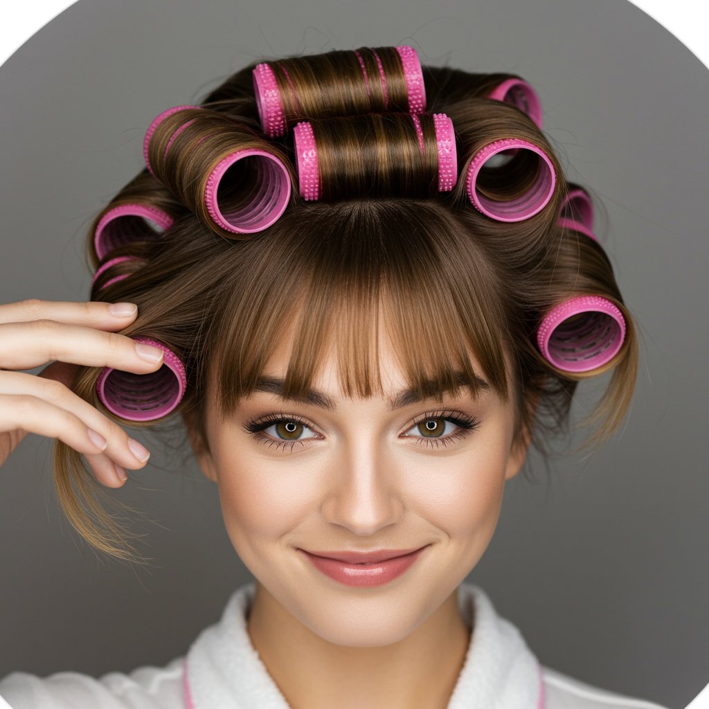 Woman With Velcro Roller In Bangs