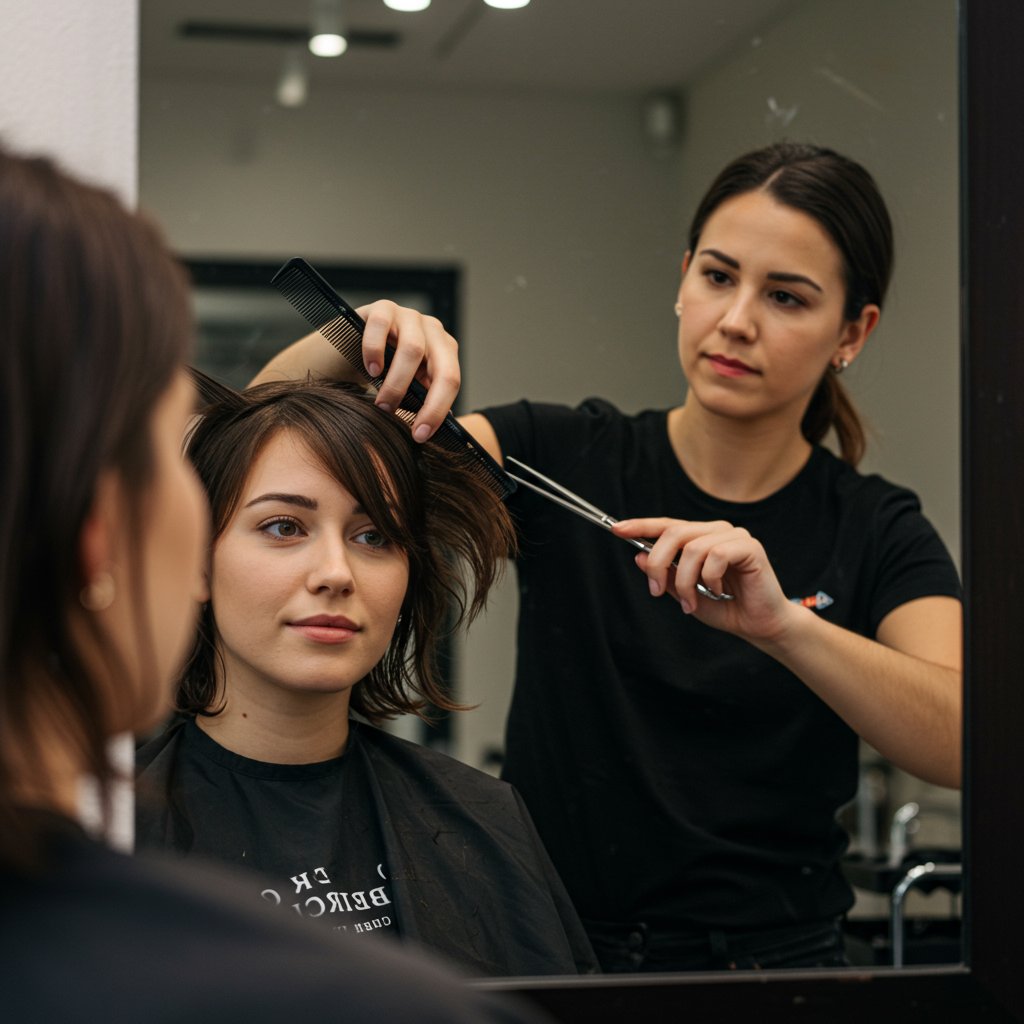Client Giving Feedback To Stylist Mid Haircut