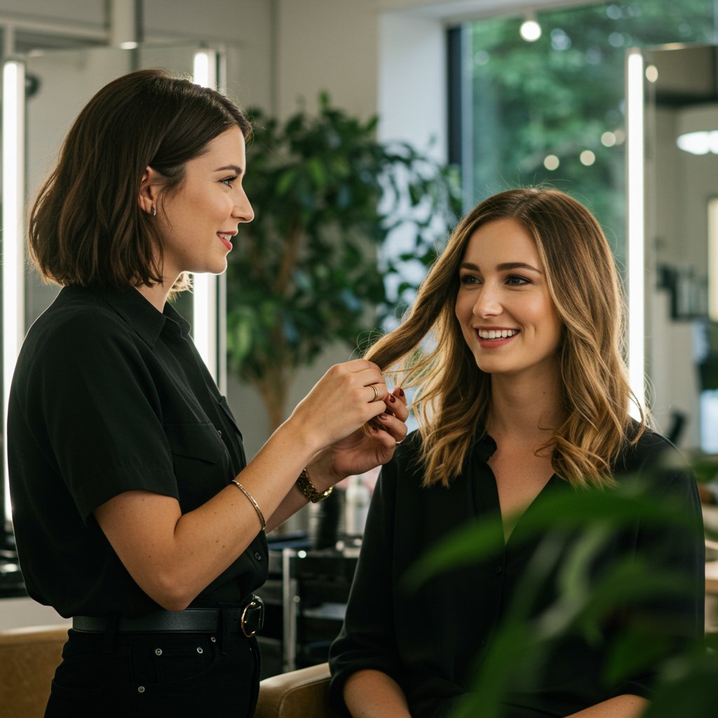 Client Stylist Consultation In Bright Salon
