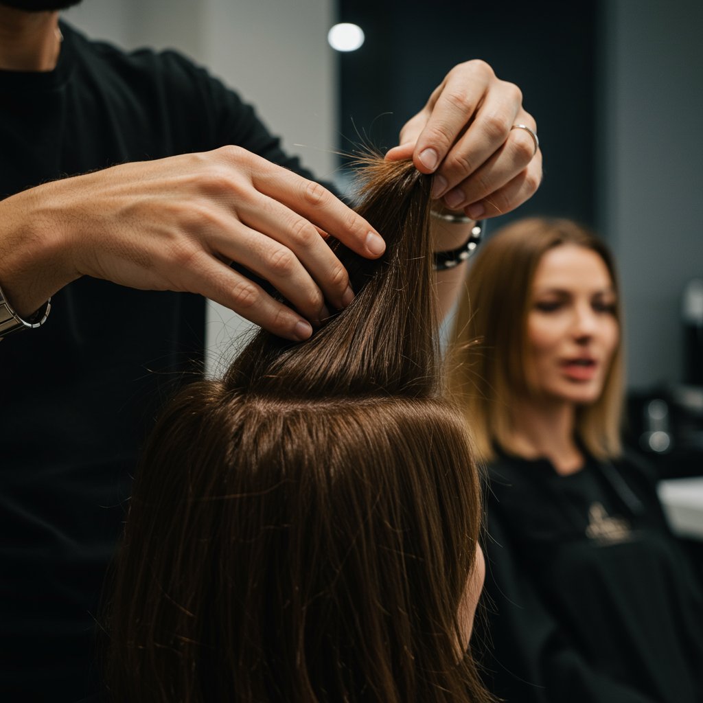 Stylist Analyzing Client Hair During Consultation