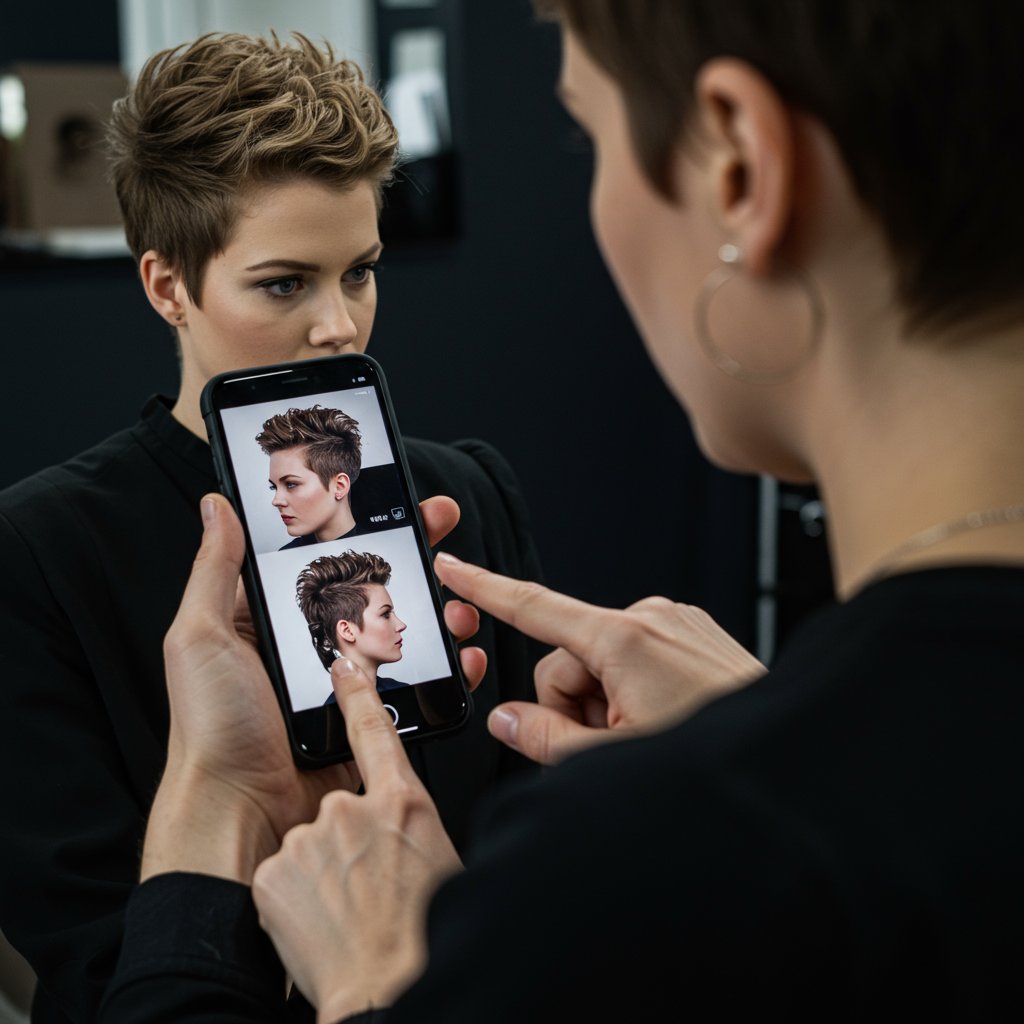 Stylist Looking At Client Phone With Inspiration Photos
