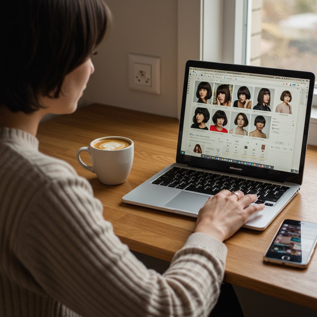 Woman Researching Haircuts On Laptop
