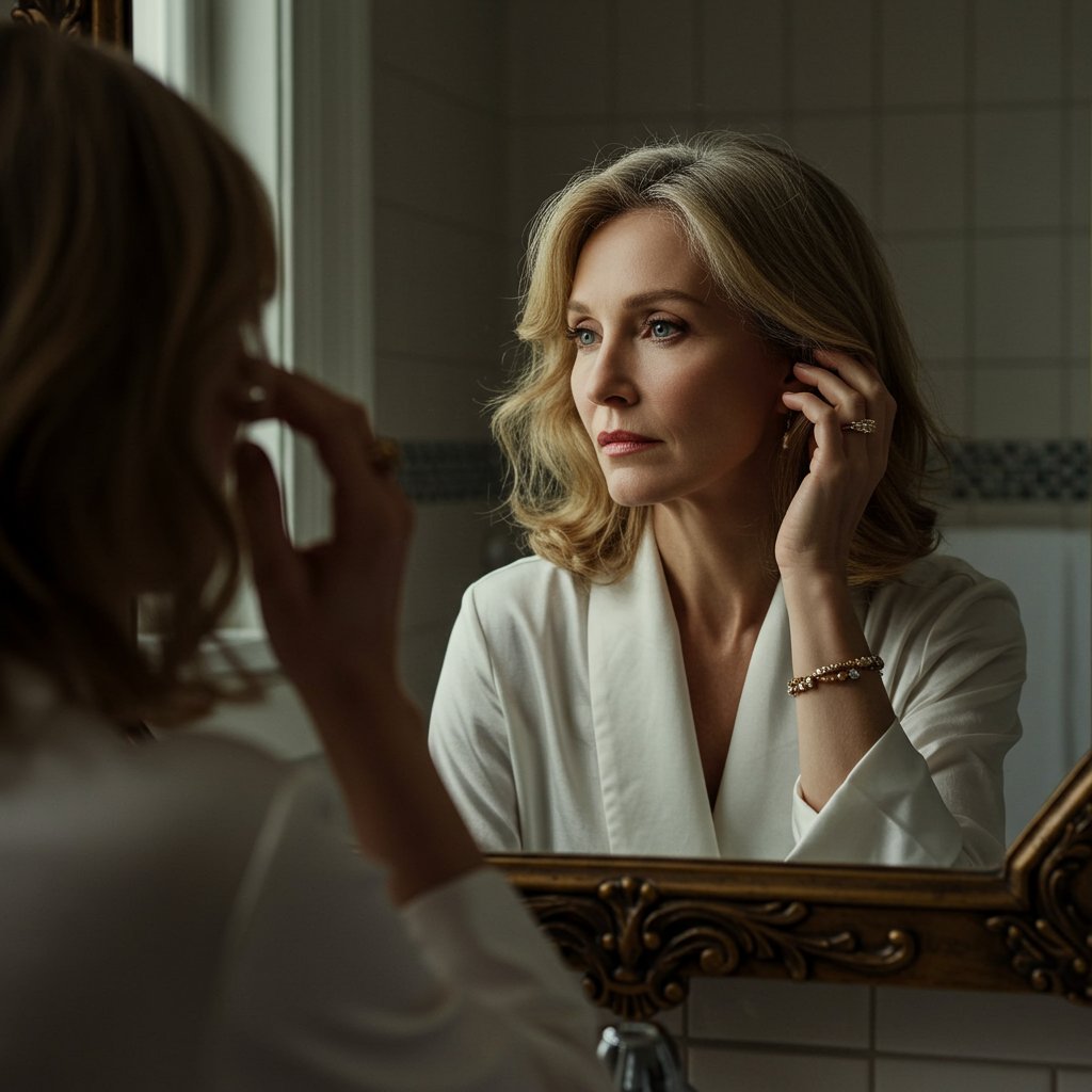 Woman Contemplating Hairstyle In Mirror